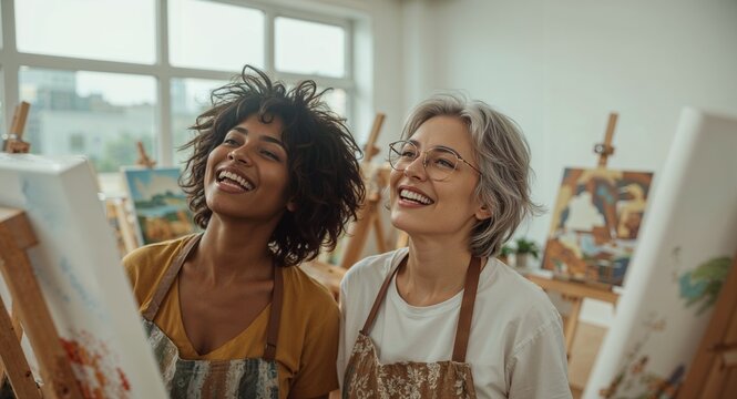 Two women laughing in an art studio with easels and canvases during a painting session in a bright room