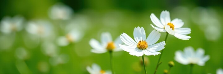 Obraz premium White cosmos flowers against green foliage, shallow depth of field , cosmos, bloom, outdoor