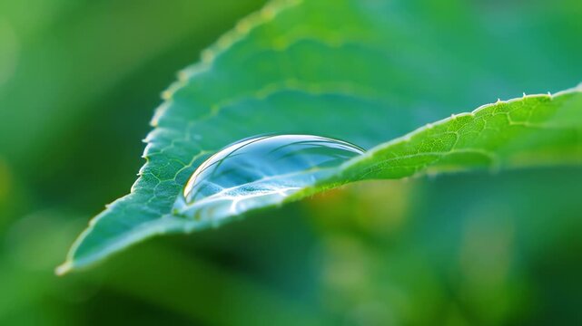 A single transparent water droplet slowly rolls and falls from a fresh green leaf in a macro view - Powered by Adobe