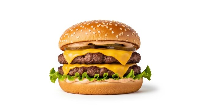 A delicious triple cheeseburger with lettuce and pickles on a white background, ideal for food advertising