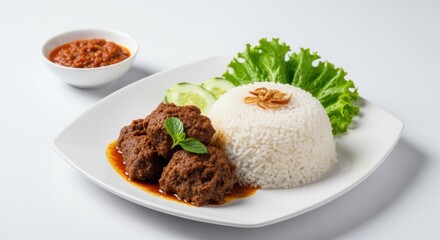 Delicious plate of beef rendang served with steamed rice, fresh vegetables, and chili sauce