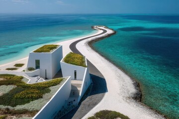 Fototapeta premium Modern architecture meets tropical paradise on winding ocean pathway