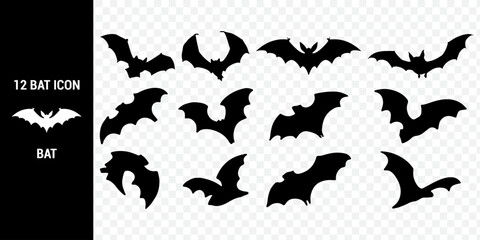 Twelve Black Bat Icons for Halloween