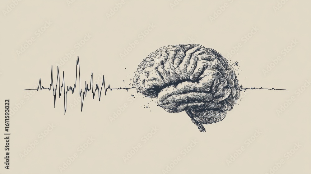 Poster creative design of a brain with heartbeat line overlay, exploring the connection between cognition a