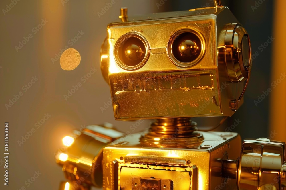 Poster golden toy robot is exploring the concepts of artificial intelligence and robotics
