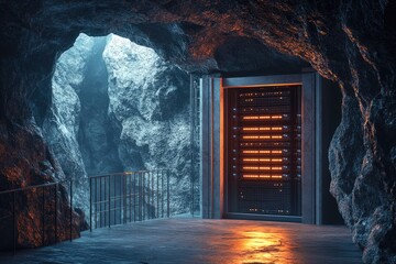 A server rack sits within a secure, subterranean cave, offering protection and resilience.