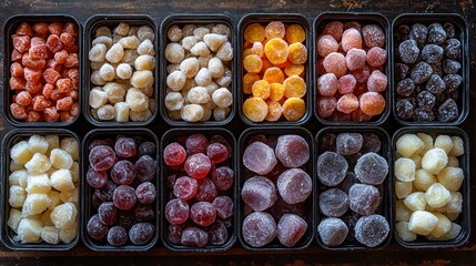 Top down view shows neatly arranged collection of frozen vegetables, each type displayed in its designated section Frost covers surface, highlighting their freshness and quality