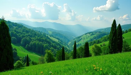 Naklejka premium Dense emerald treetops, Italian countryside setting , vertical, natural