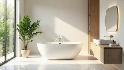 Fototapeta premium Freestanding bathtub in bright modern bathroom, design, bathroom decor