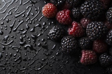 Close-up of juicy raspberries and blackberries on a dark, wet surface.