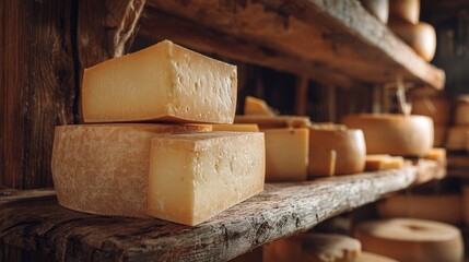 Gruyere wheel close up in rustic cheese store