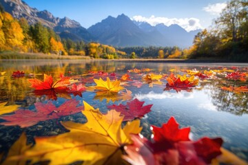 Autumn leaves float on a calm lake, reflecting the vibrant colors of the surrounding mountains and trees.