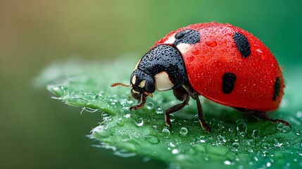 Close-up of a ladybug on a dewy leaf.