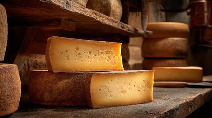 Fototapeta premium Gruyere wheel close up in rustic cheese store