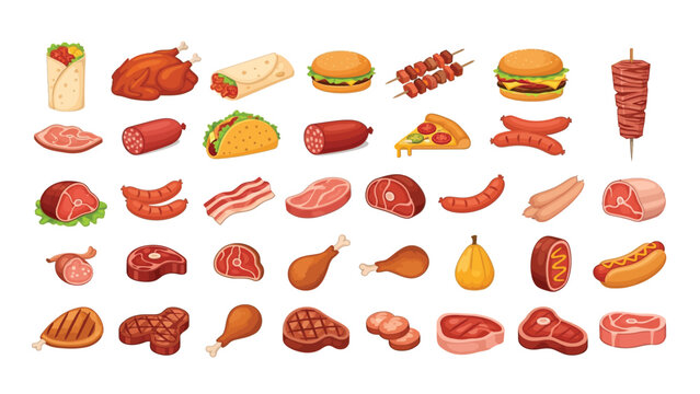 A collection of fast food items and beef, pork, chicken, and processed meats.  Vector Icon Design.