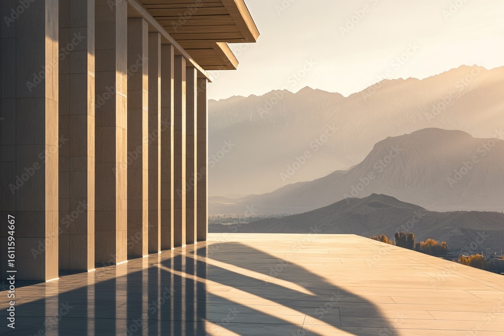Poster modern architecture with columns overlooking a majestic mountain range at sunset.