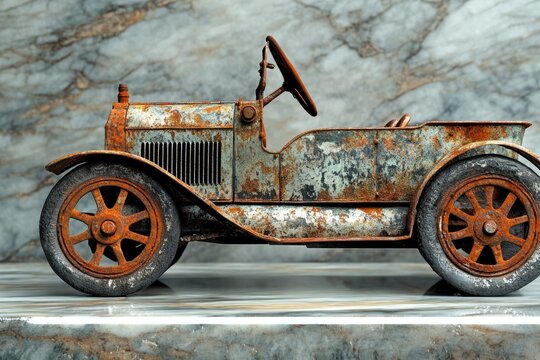 Fototapeta A rusty vintage car model, weathered and showing signs of age and decay.