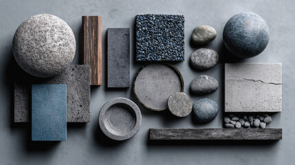 River stones in minimalist modern flatlay composition conveying industrial zen feel and calm sophisticated aesthetic.