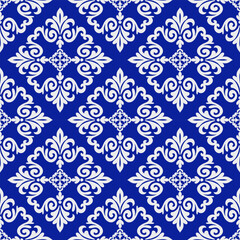 Damask pattern design draws inspiration from classical European textiles, known for their ornate motifs and symmetrical detailing. This fabric design features intricate floral and foliage elements.