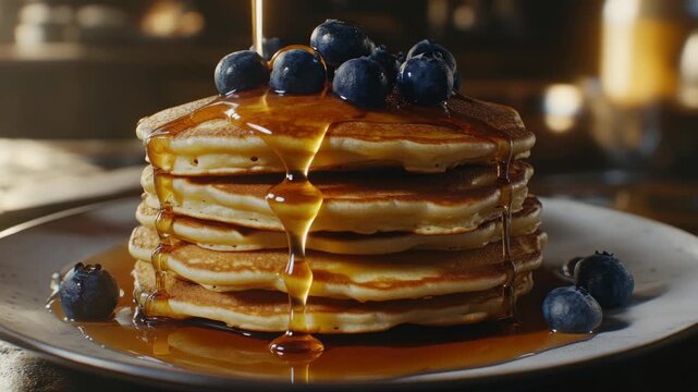 Stack of delicious blueberry pancakes with syrup on plate. Serving suggestion for breakfast or brunch.