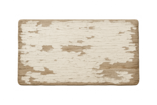 Weathered wooden plank showing peeling white paint, textured surface revealing aged patina, positioned against transparent backdrop