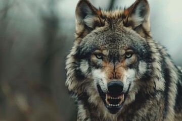 Fototapeta premium Eurasian wolf showing teeth and snarling in wilderness closeup, looking menacing with blurred background