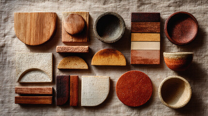 Warm natural wood and hand thrown ceramic pottery pieces arranged to showcase artisanal craftsmanship and organic material beauty.