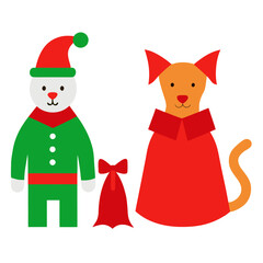 Cute cartoon dog and elf with a red gift bag and bow on a white background