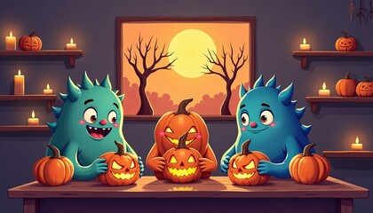 Cute Halloween monster pumpkin carving illustration – two friendly blue monsters carving jack o lanterns indoors with candles and full moon background, cozy festive halloween evening artwork for kids