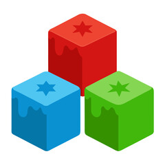 Three colorful cubes with dripping liquid and star shapes on top