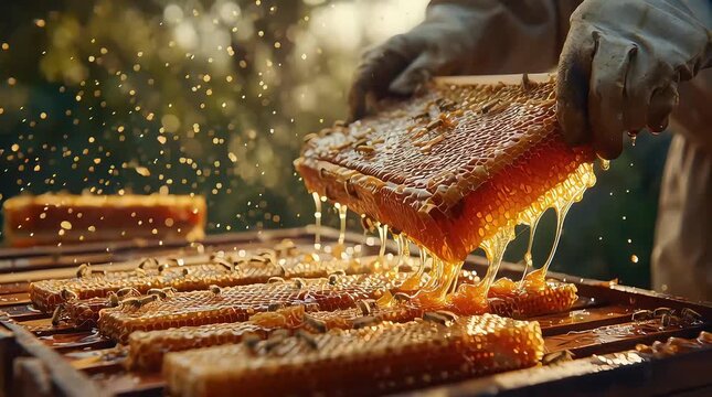 Honeycomb Harvest: An artisan extracts golden honey from a honeycomb in a sunlit apiary, capturing the essence of nature's sweet treasure and the care of the process.