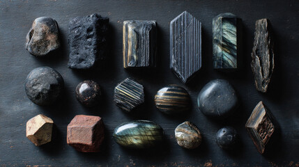 A curated assortment of raw and polished stones arranged artistically to highlight natural textures, mineral details, and earthy aesthetics.