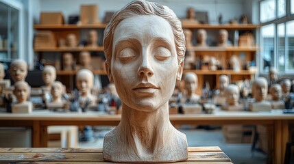 skilled puppeteer focuses on painting intricate features of wooden marionette's face workshop is alive handcrafted puppets and art supplies, radiating creativity