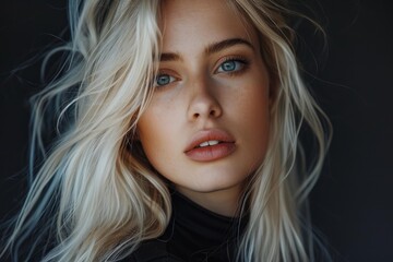 Studio portrait of beautiful young blonde woman with blue eyes and long hair posing on a dark background