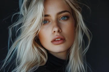  Studio portrait of beautiful young blonde woman with blue eyes and long hair posing on a dark background © nsit0108