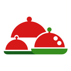 Three red and green food serving domes clustered together