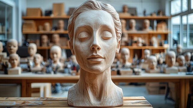 skilled puppeteer focuses on painting intricate features of wooden marionette's face workshop is alive handcrafted puppets and art supplies, radiating creativity