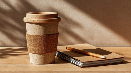 A sustainable bamboo fiber coffee cup with cork sleeve highlighting ecofriendly design and biodegradable materials for zero waste beverage use.