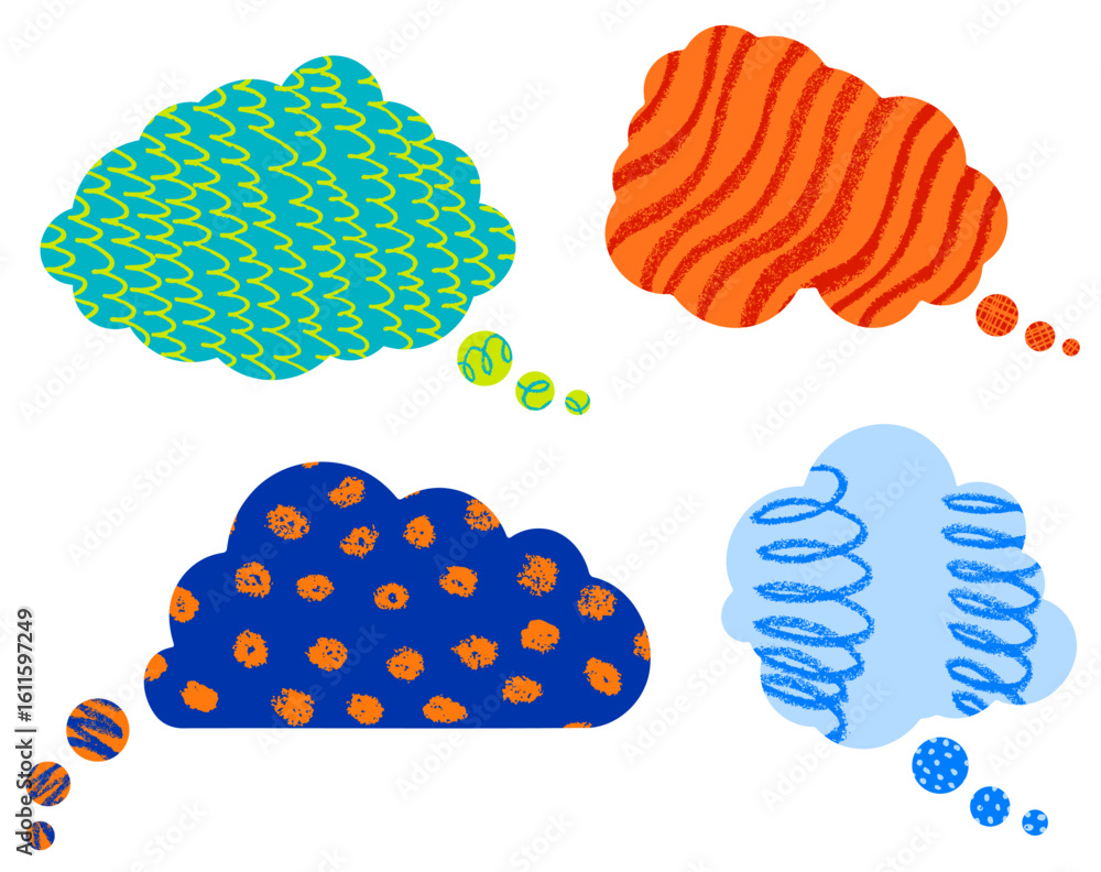 Aufkleber set of four playful thought bubble shapes with bold colors and patterns on white. vector illustratio