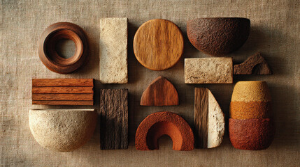 A harmonious arrangement combining natural wood stone and textured elements displayed in geometric forms for earthy modern decor and design visualization.