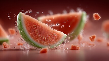 Juicy watermelon slices with seeds splash with water droplets on a reflective surface against a warm, blurred background.