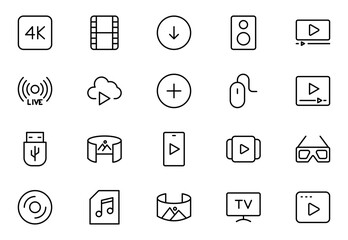 Multimedia line icon set. Cinema icon set. Movie sign collection. Set of cinema, movie, video icons, collection film, TV. Popcorn box package Big movie reel. Outline icon set collection.