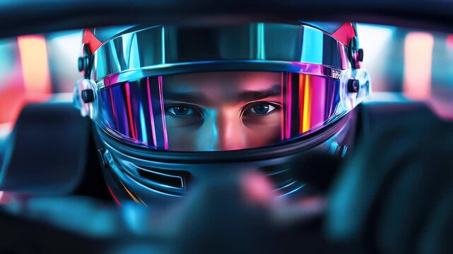 Focused formual 1 race car driver in helmet ready to start competition