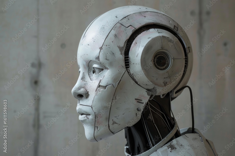 Poster close up profile of advanced humanoid robot head showcasing ai capabilities