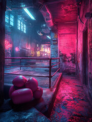 empty boxing ring in urban setting is dramatically lit colorful neon signs from outside, casting electric hues across its glossy surface while reflecting city nightlife