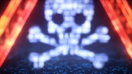 A blurry image with a skull and crossbones over a circuit board, and red, orange, and blue effects - Powered by Adobe