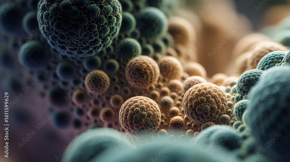 Aufkleber a microscopic view of textured spheres in varying sizes and colors with a blurred background effect