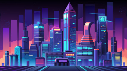Vibrant night city silhouette with towering buildings and glowing street lights