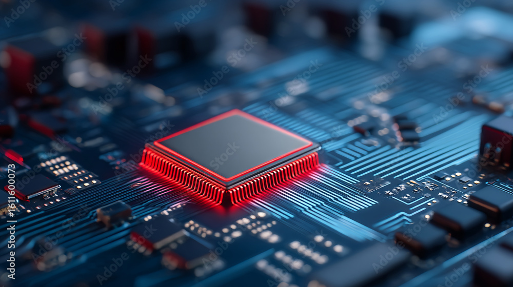Poster close up of a computer chip with red glow on a blue circuit board in a detailed macro shot