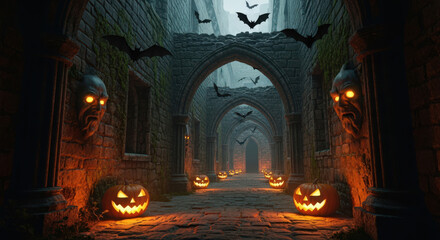 Enthralling Halloween Ambiance A Stone Corridor Illuminated by Jack O'Lanterns and Menacing Gargoyles Under a Swarm of Bats in a Gothic Setting with an Eerie Glow